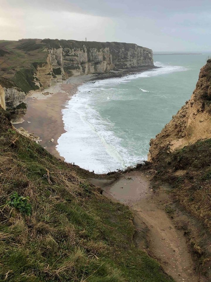 Falaise abrupte surplombant une baie rocheuse où se brisent les vagues, et un étroit sentier de terre longeant la côte.