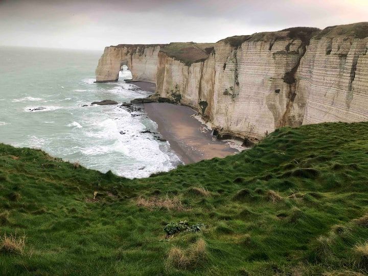 Baie côtière à flanc de falaise, avec des falaises de roche blanche, un premier plan herbeux et des vagues qui déferlent sur une plage étroite.
