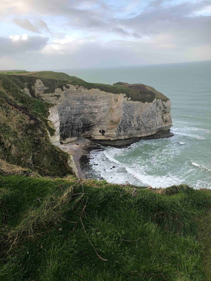 Crique à flanc de falaise avec paroi rocheuse blanche, herbe verte et vagues sous un ciel nuageux