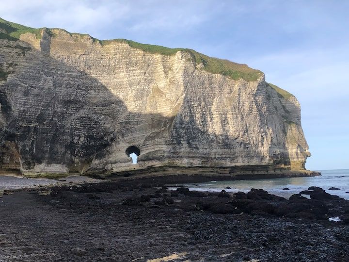 Falaise rocheuse en bord de mer avec une arche naturelle surplombant un rivage sombre à marée basse.