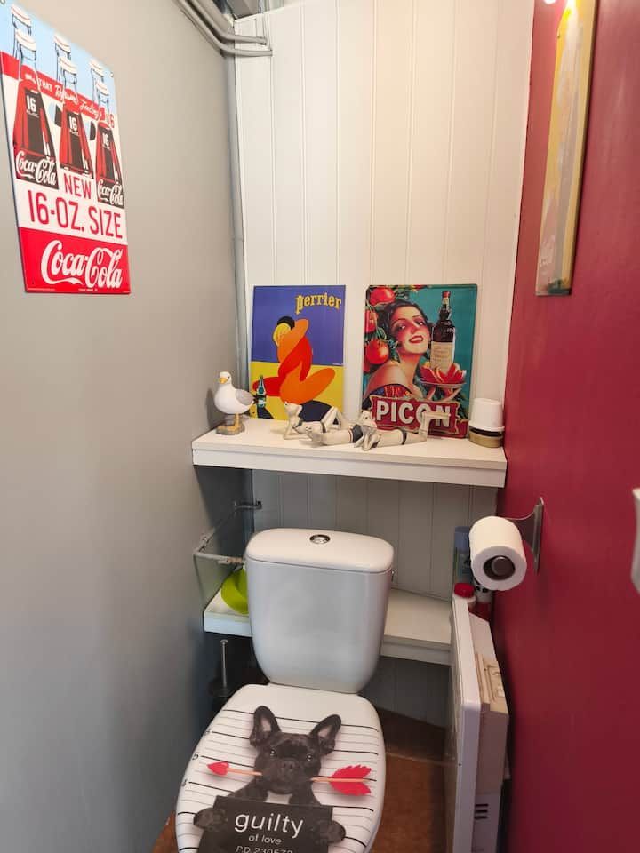 Petite salle de toilettes avec WC, étagères à magazines et un mur d'accent rouge.