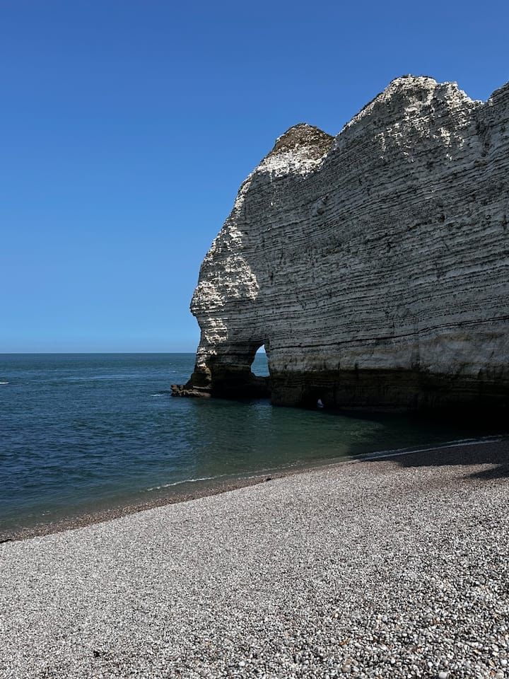 Falaise rocheuse blanche bordant une plage de galets et une eau bleue calme sous un ciel dégagé.