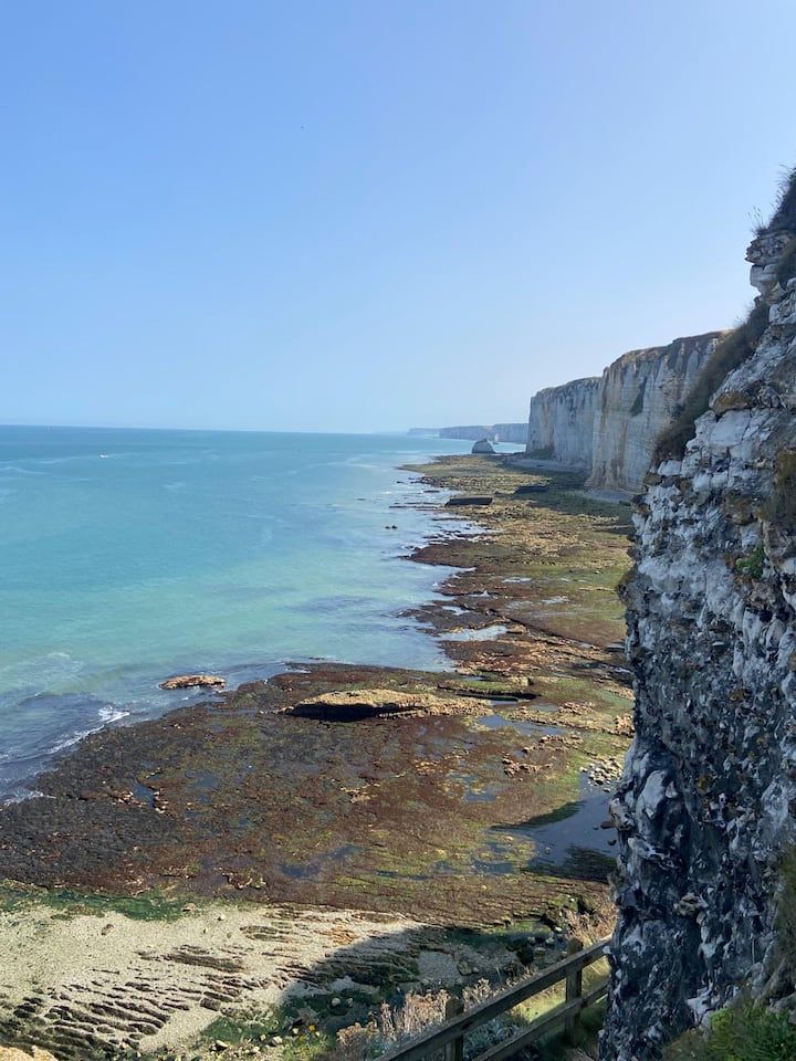 Côte escarpée avec mer bleue, rivage rocheux et ciel dégagé