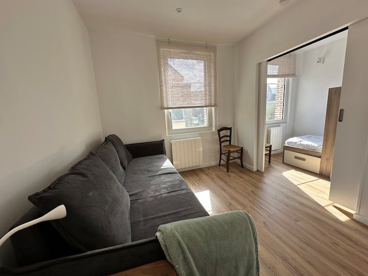Petit salon avec un canapé gris foncé, une fenêtre et une porte donnant sur une chambre avec un lit blanc.