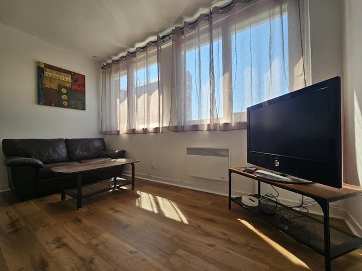 Salon lumineux avec canapé noir, télévision, table basse et lumière naturelle grâce à de grandes fenêtres.