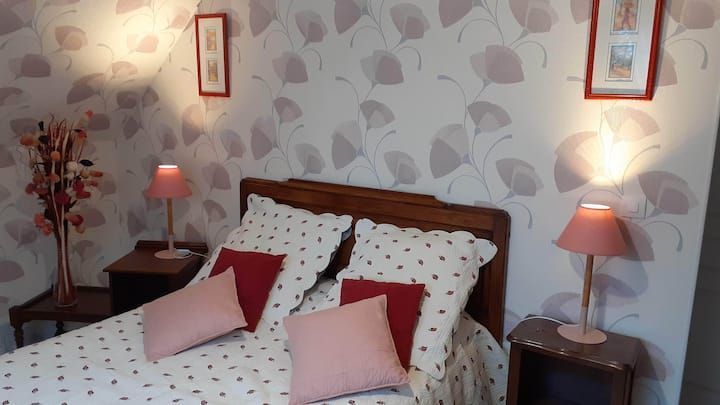 Chambre avec papier peint à fleurs, lit en bois, lampes roses et coussins décoratifs.