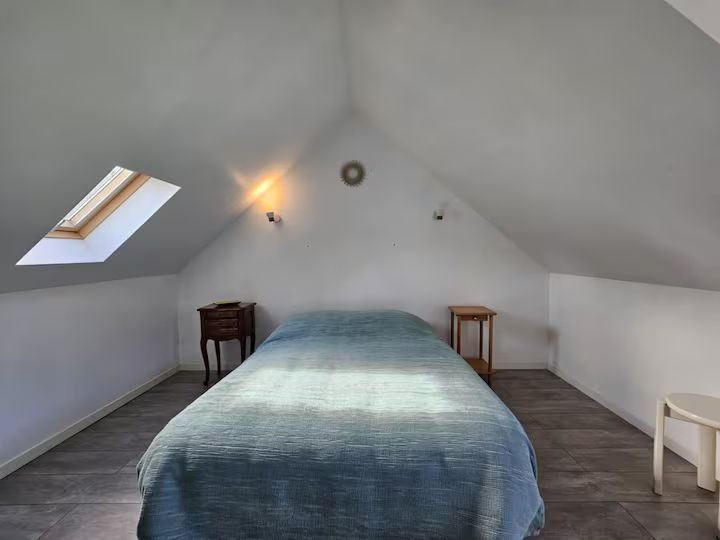 Chambre mansardée avec un lit bleu, un puits de lumière et deux petites tables de chevet sous un plafond blanc en pente.