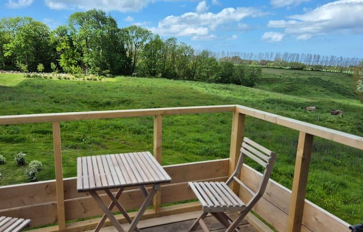 Terrasse en bois avec table et chaises donnant sur une prairie verdoyante et ensoleillée bordée d'arbres.