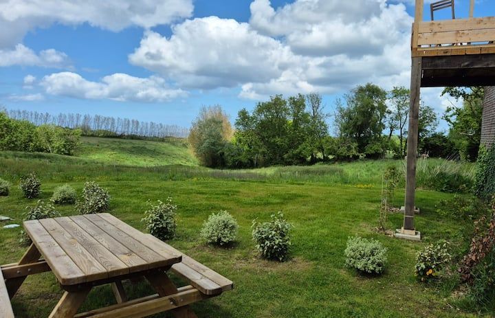 Jardin gazonné avec table de pique-nique, arbustes, arbres et ciel bleu nuageux