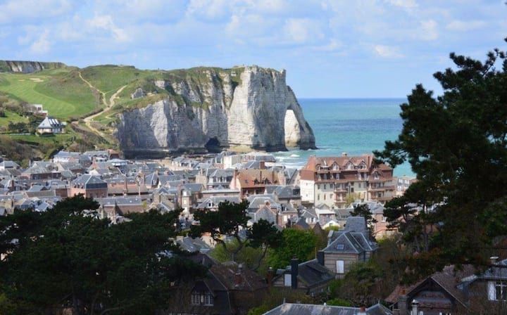 Ville côtière au pied de falaises de craie blanche et d'une mer bleue, aperçue à travers les arbres et les toits.