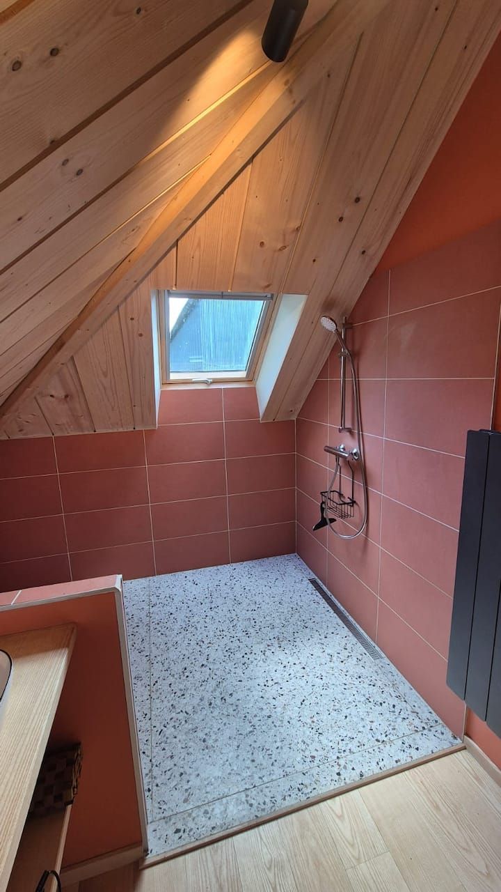 Petite chambre mansardée avec plafond en bois incliné, puits de lumière, murs roses et tapis à pois.