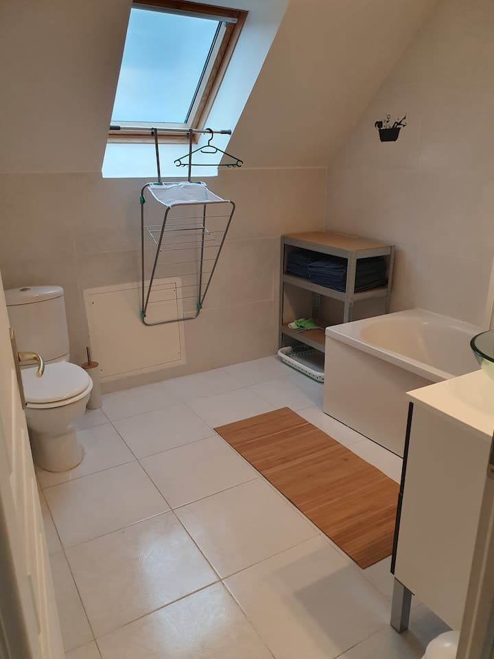 Petite salle de bain mansardée avec toilettes, lavabo, baignoire, puits de lumière et étendoir mural.