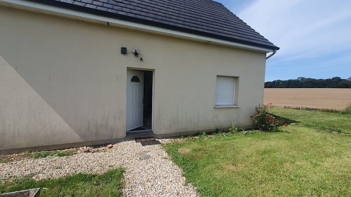 Côté d'une maison beige avec une porte blanche, une petite fenêtre, un chemin de gravier et une cour gazonnée sous un ciel dégagé