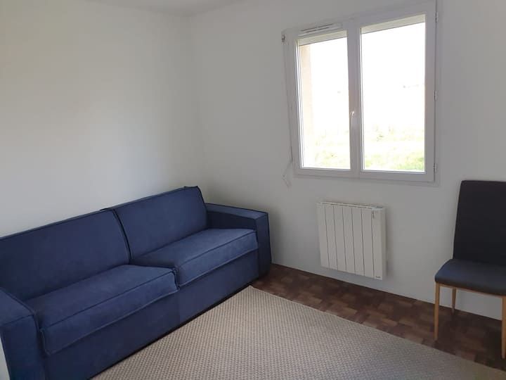 Petit salon avec un canapé bleu, un fauteuil, une fenêtre, un radiateur et un tapis clair.