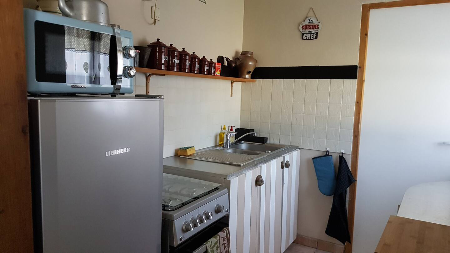 Une cuisine avec une cuisinière, un réfrigérateur, un micro-ondes et un évier.