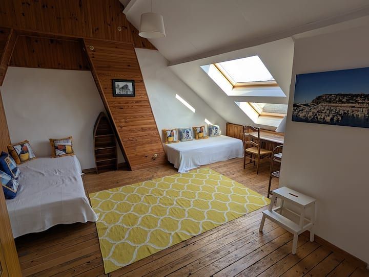 Chambre mansardée lumineuse avec deux lits, puits de lumière, tapis jaune et murs lambrissés.