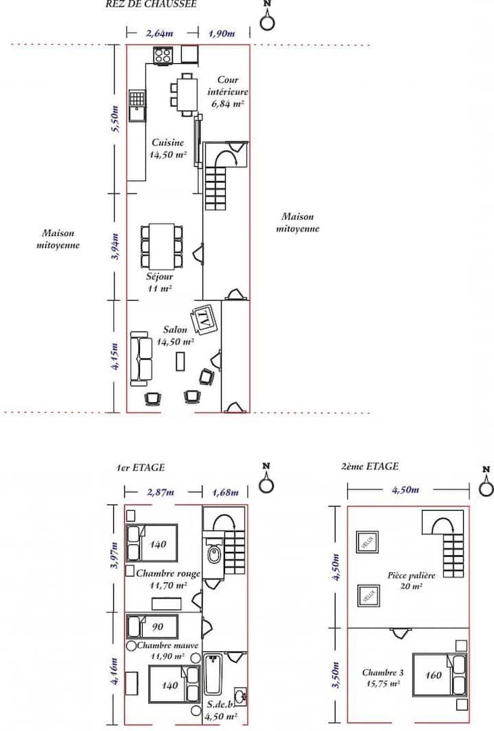 Plans d'étage montrant deux agencements résidentiels étroits avec les noms des pièces et leurs dimensions.