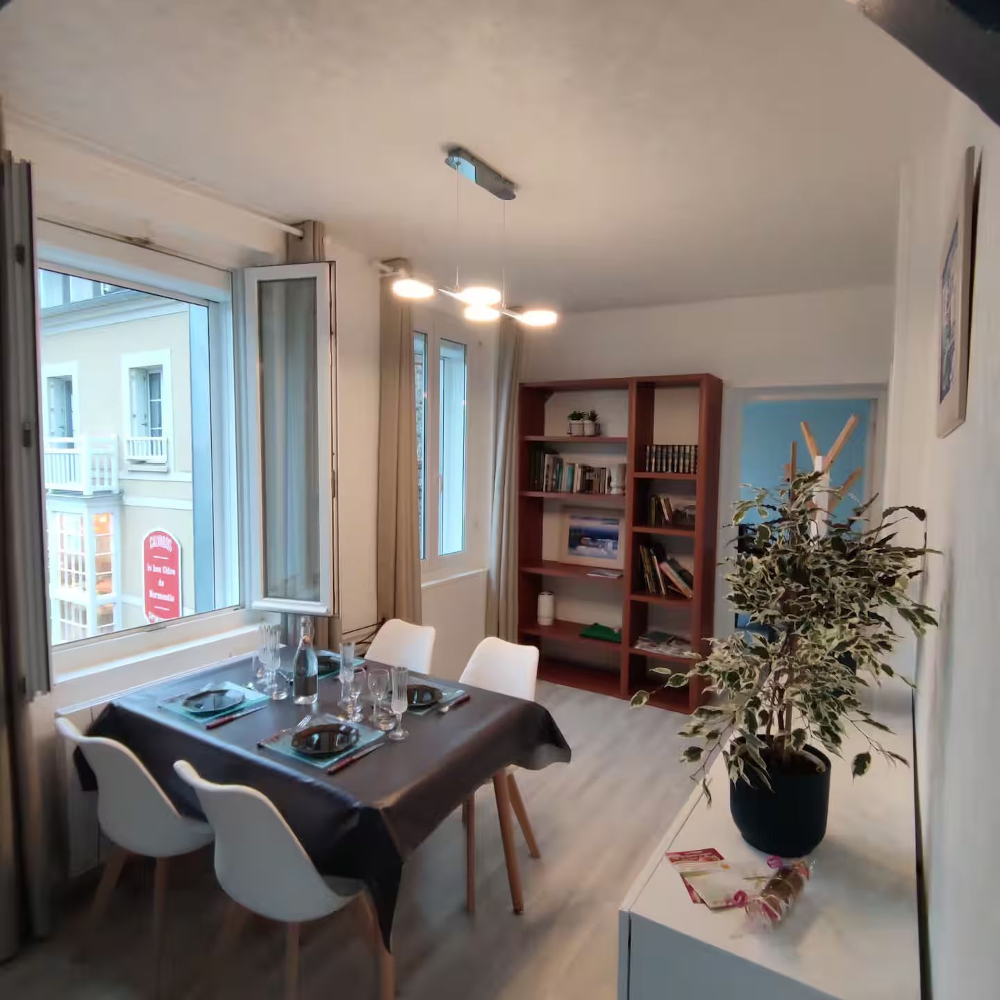 Une salle Ă manger avec une table, des chaises et une plante en pot