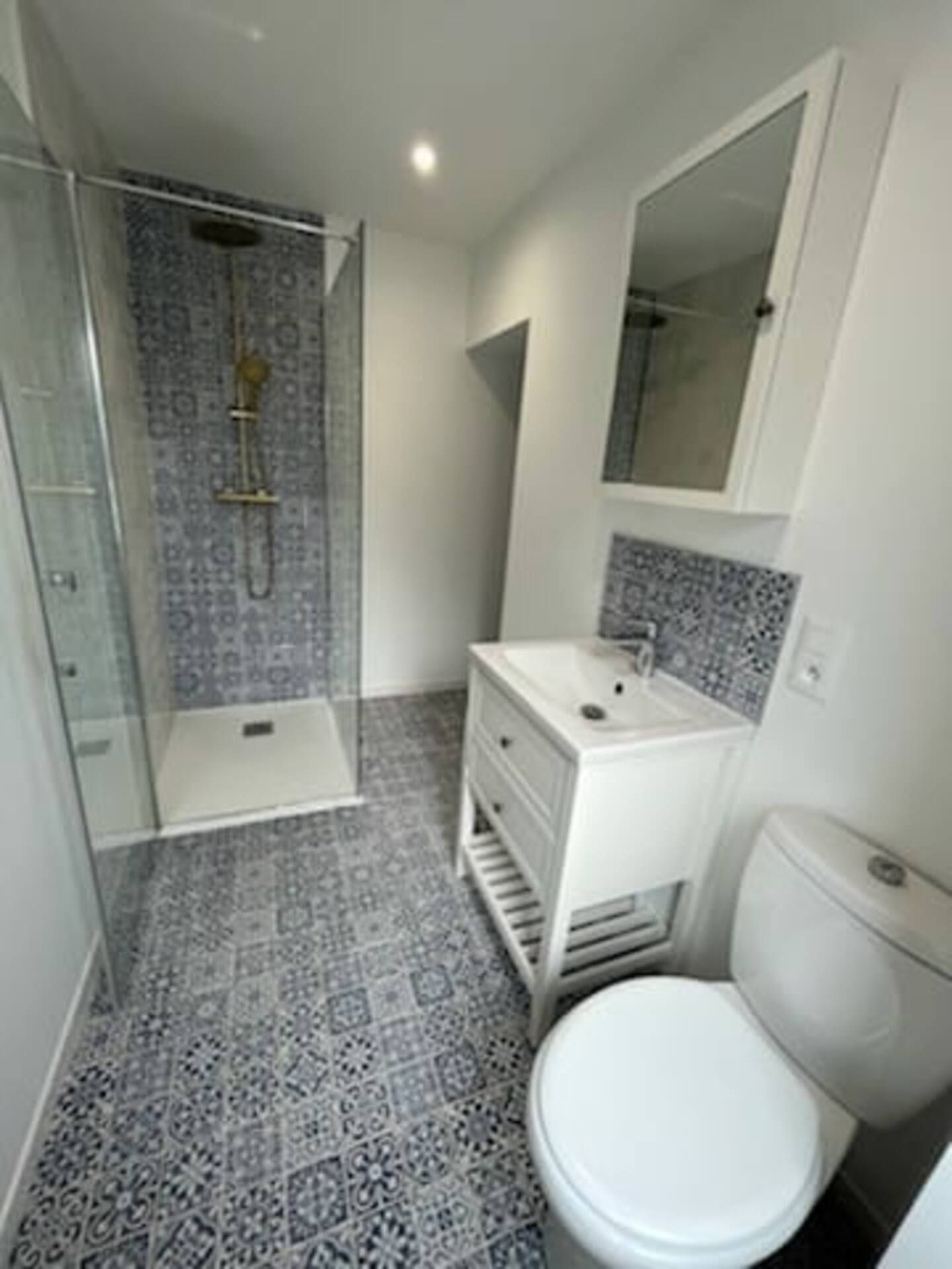 Une salle de bain avec WC, lavabo, douche et miroir.