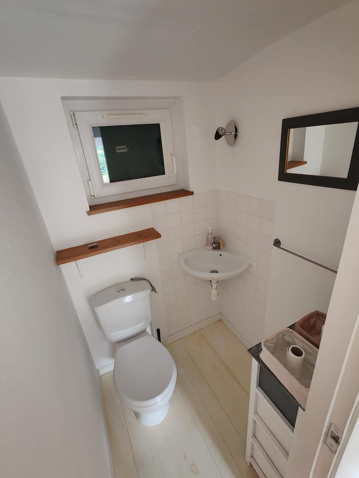 Petite salle de bains blanche avec toilettes, lavabo, miroir et fenêtre.