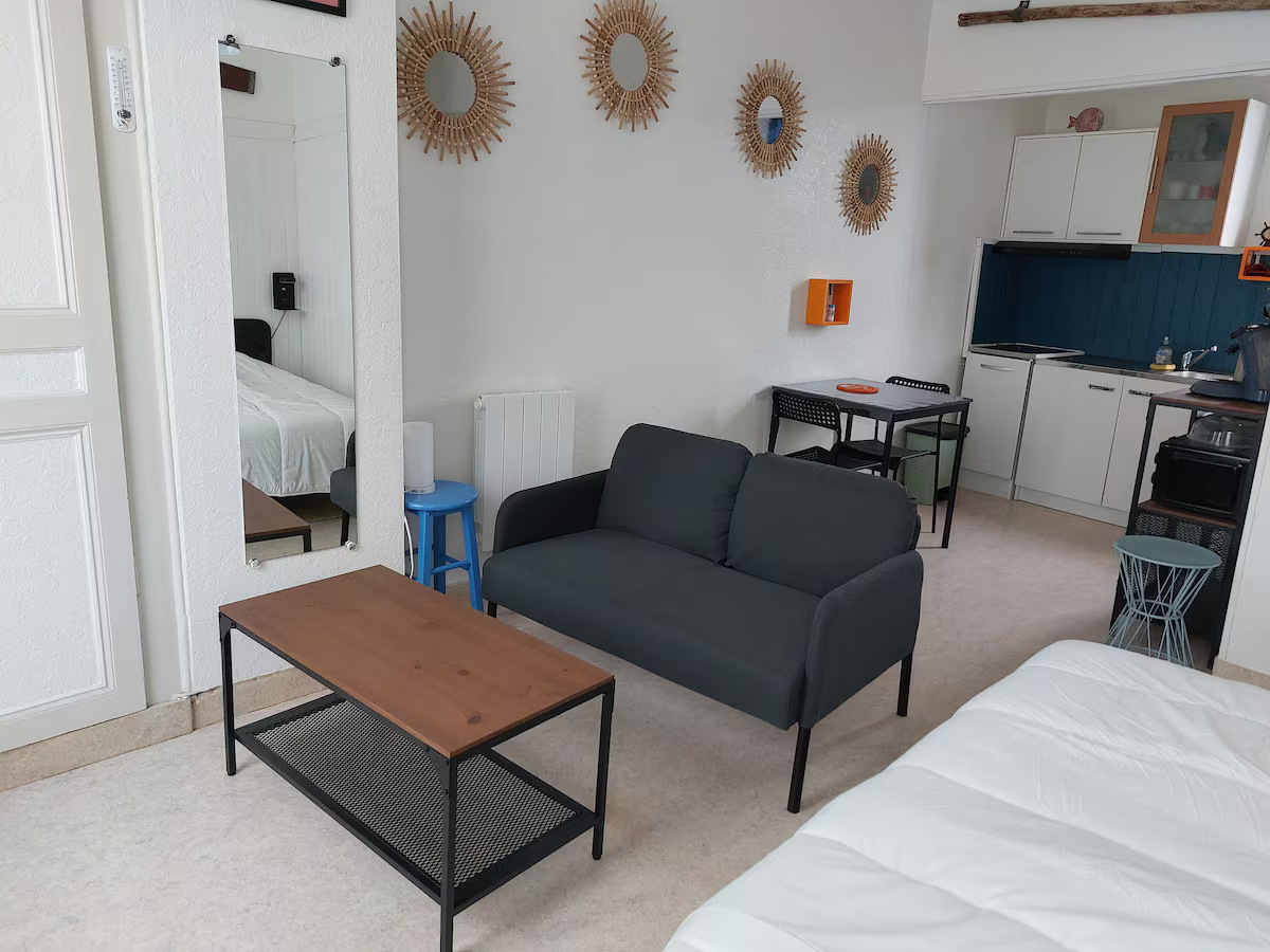 Un salon avec un canapé et une table basse
