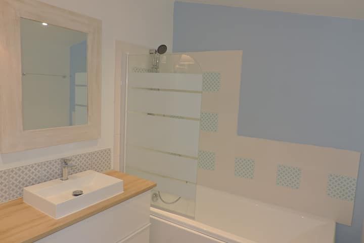 Salle de bains avec lavabo rectangulaire, mur bleu clair et paroi de douche.