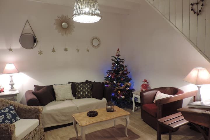 Salon chaleureux avec un sapin de Noël. Il comprend un canapé, des fauteuils, des lampes et des miroirs décoratifs.