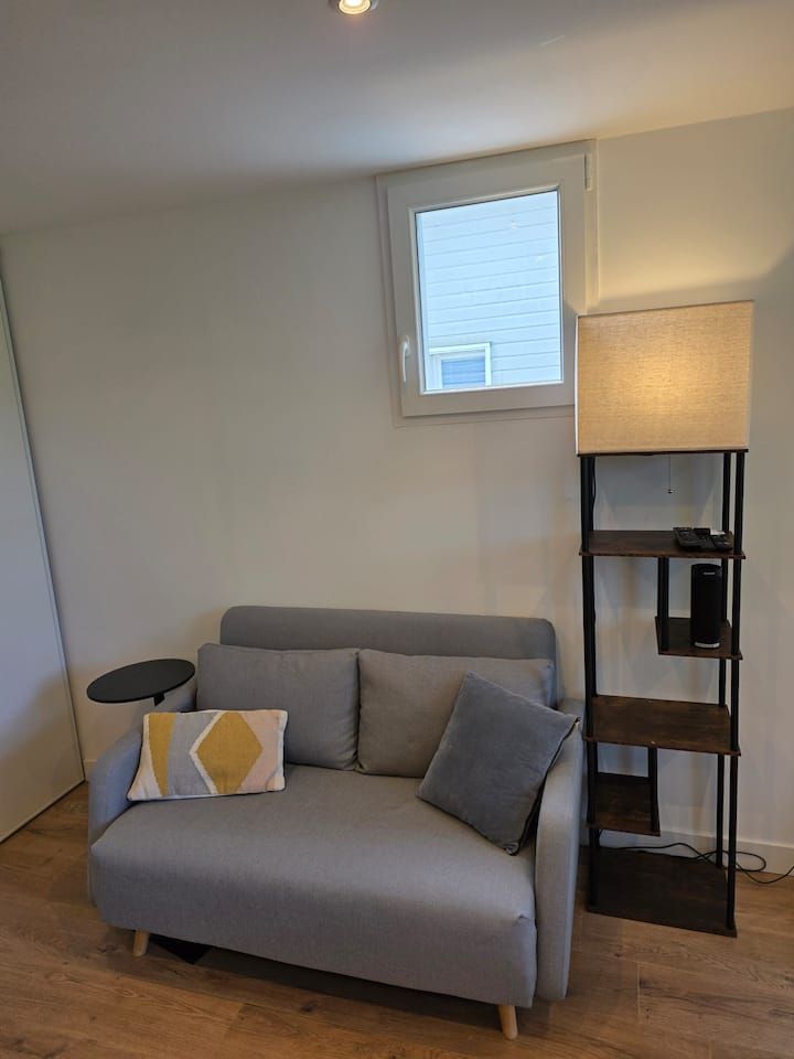 Petit canapé gris avec des coussins à côté d'un lampadaire noir dans un salon sobre.