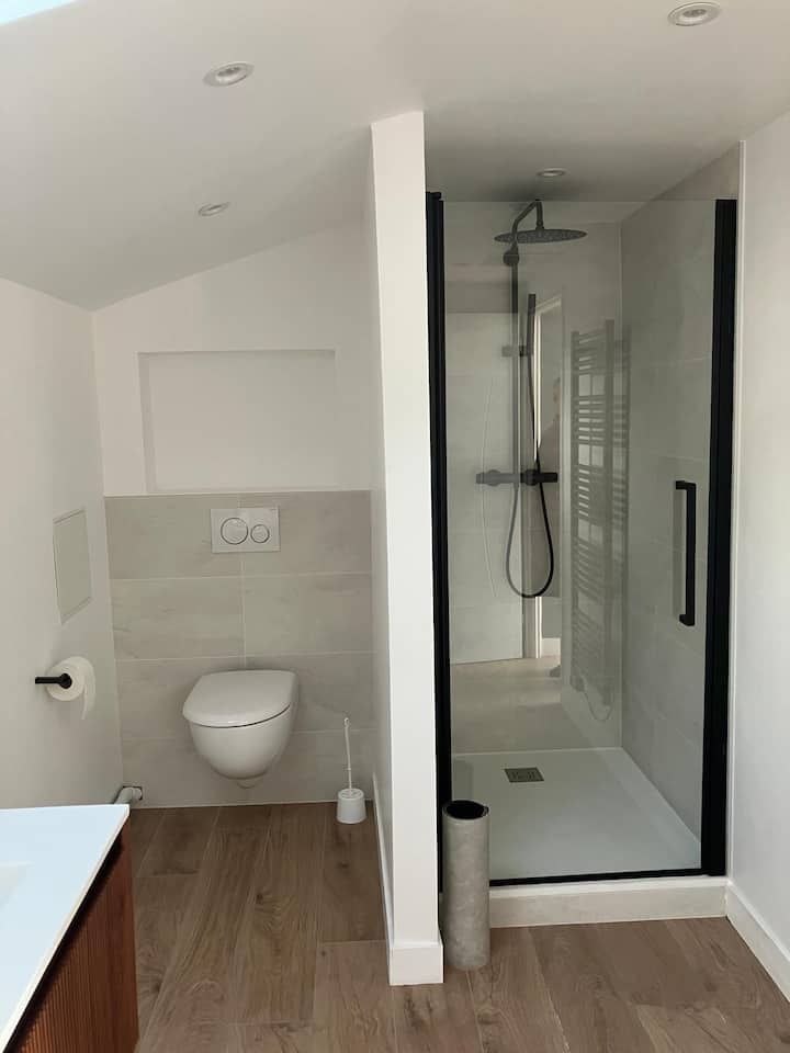 Salle de bains avec toilettes suspendues, douche en verre, murs blancs et sol imitation bois.