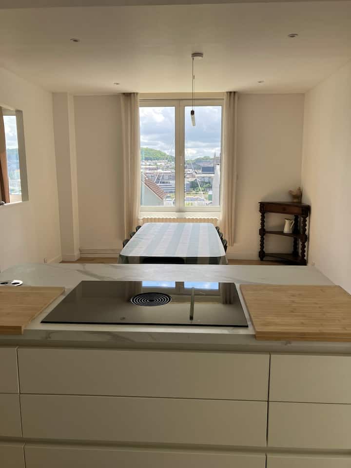 Cuisine moderne avec îlot central, plaque de cuisson, plans de travail en bois et vue sur les toits de la ville.
