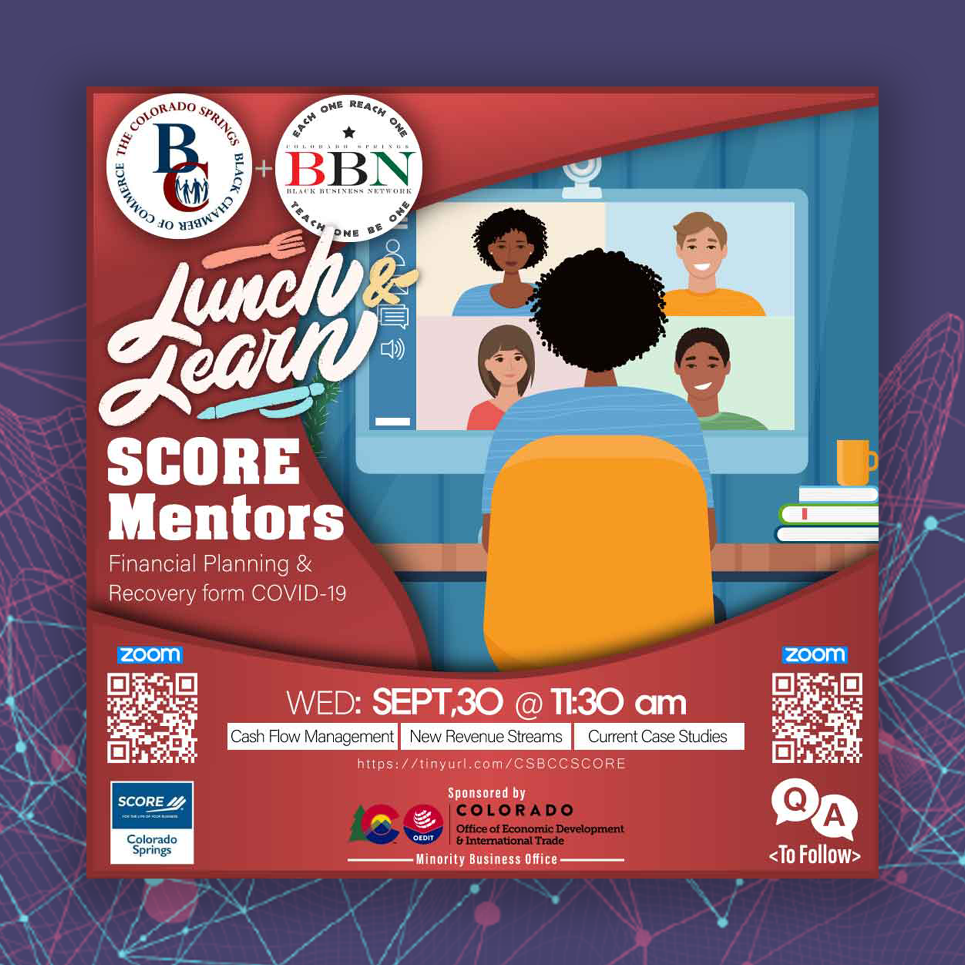 A poster for a lunch and learn score mentors event