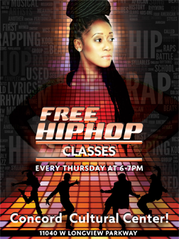 A poster for free hiphop classes at concord cultural center