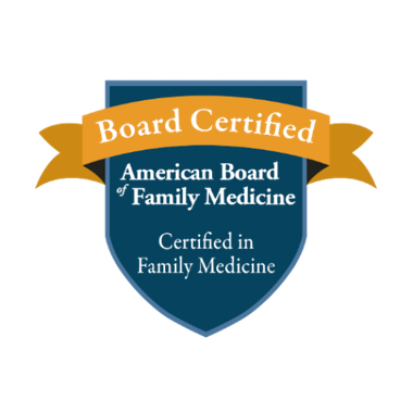 Board certified American Board of Family Medicine seal. Blue shield with gold banner stating “Board Certified”.