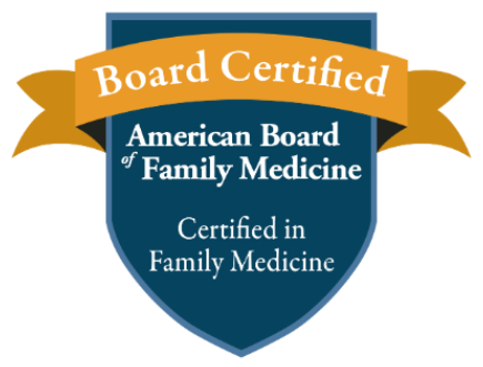 Board-certified logo for American Board of Family Medicine. Features an orange ribbon with white text over a blue shield.