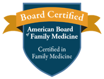 Board-certified logo for American Board of Family Medicine. Features an orange ribbon with white text over a blue shield.