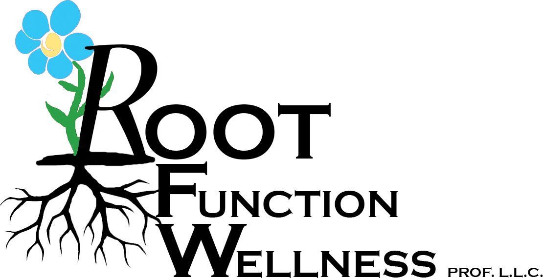 Root Function Wellness logo: Black text with a flower and roots, PROF. LLC.