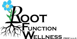 Root Function Wellness logo: Black text with a flower and roots, PROF. LLC.
