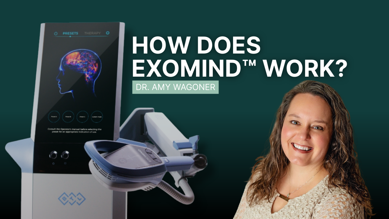 Dr. Amy Waggoner next to Exomind machine. Text reads 