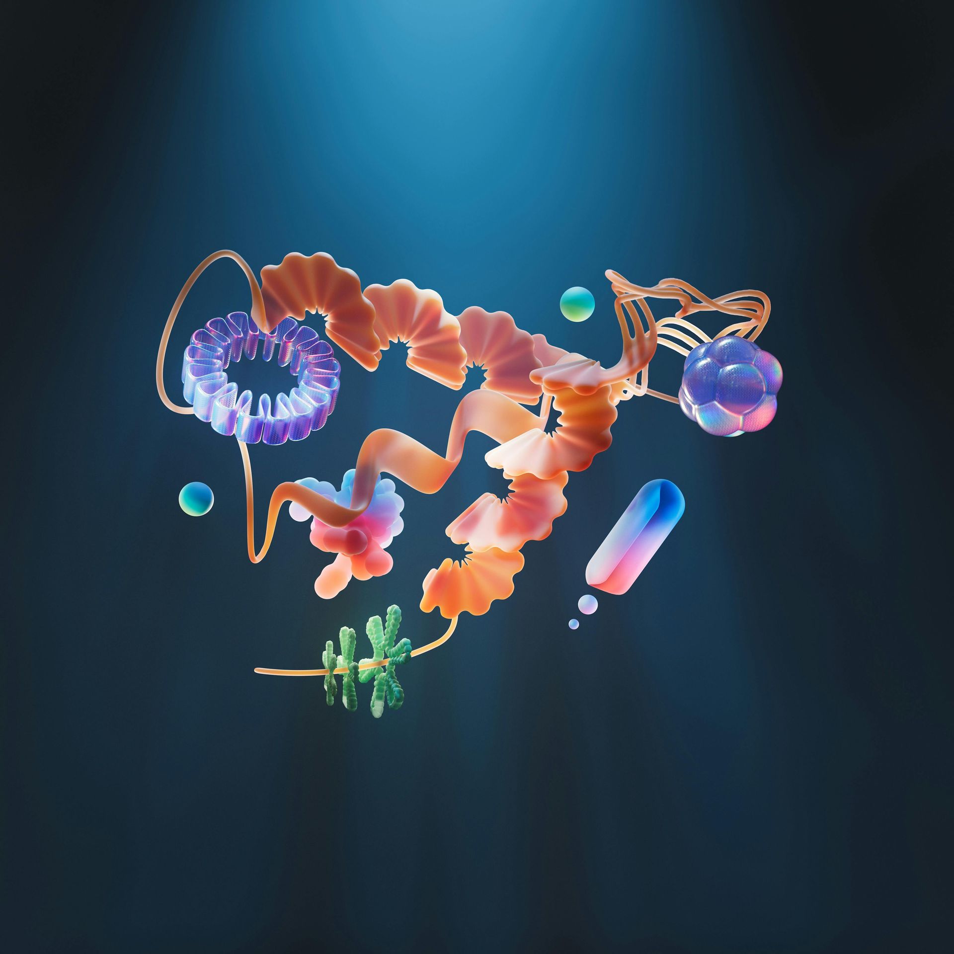 Abstract colorful floating shapes against a dark blue background; some are reminiscent of intestines.