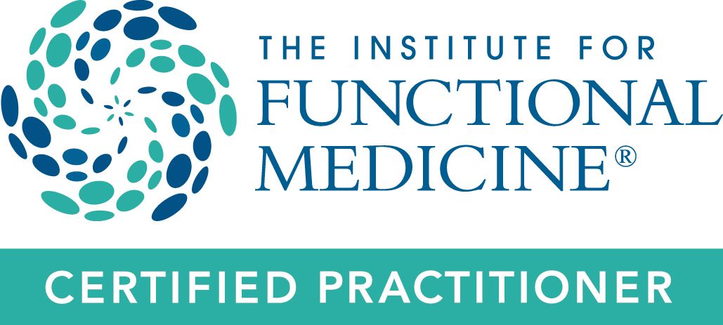 Logo of The Institute for Functional Medicine. It features a blue and teal swirl design with text,