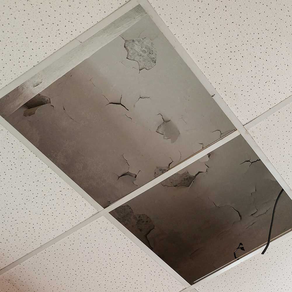 Suspended ceiling with water leaks on floor slabs