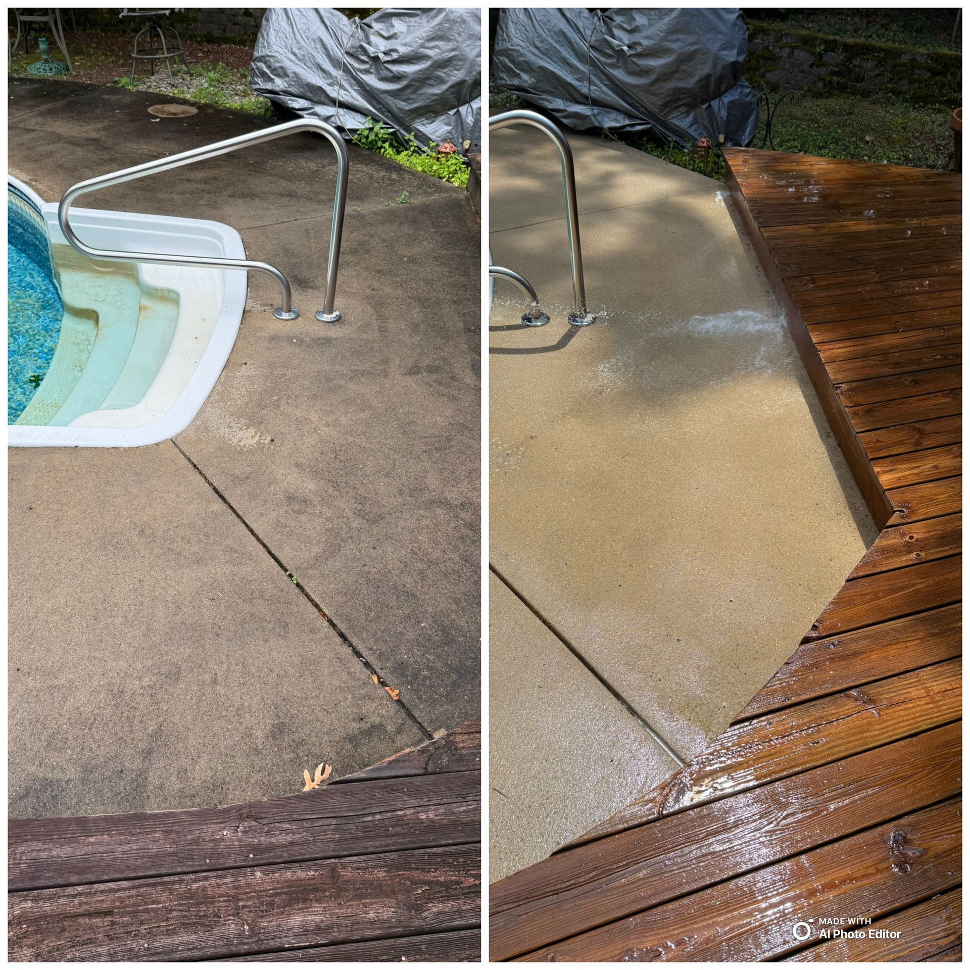 Comparison of a dirty pool deck and a clean pool deck after power washing.