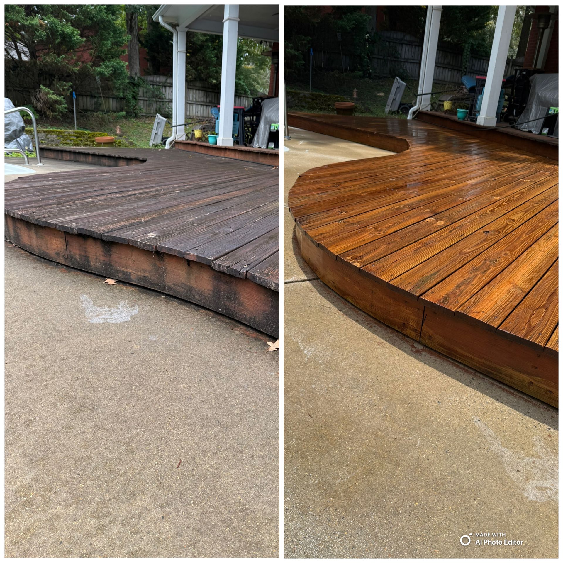 Before and after of a wood deck being power washed, showing a dramatic color difference.