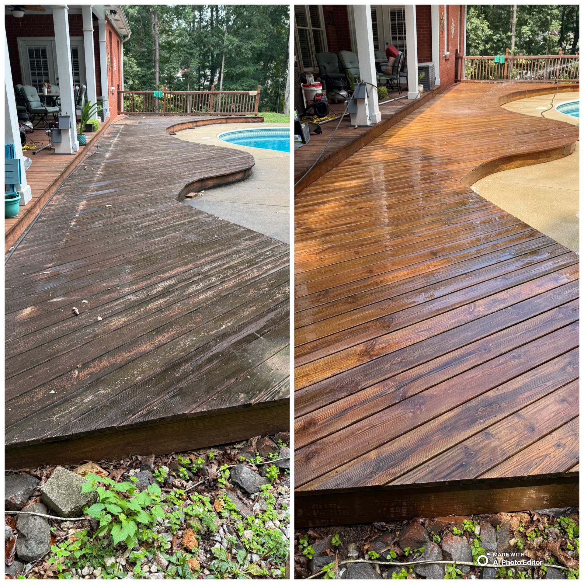 Before-and-after comparison: a weathered wooden deck transformed to a clean, wet, stained surface.