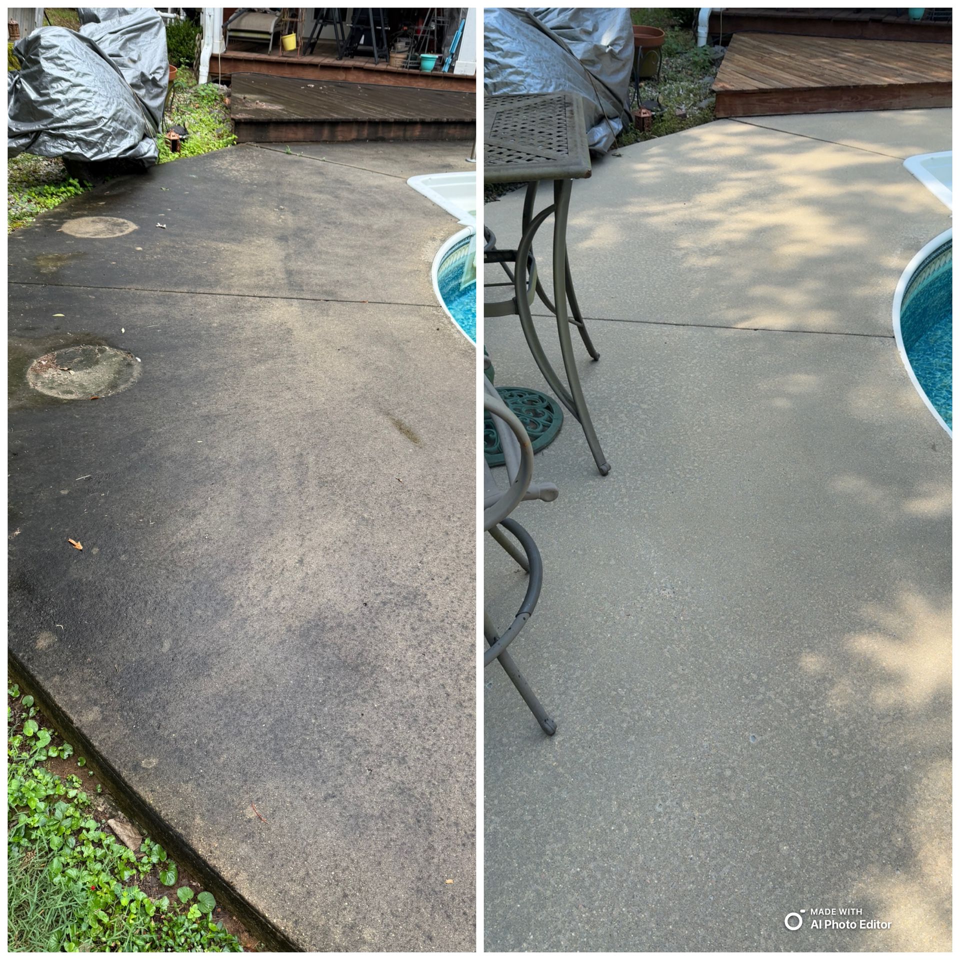 Comparison of a dirty and clean concrete patio next to a pool. The clean side is lighter.