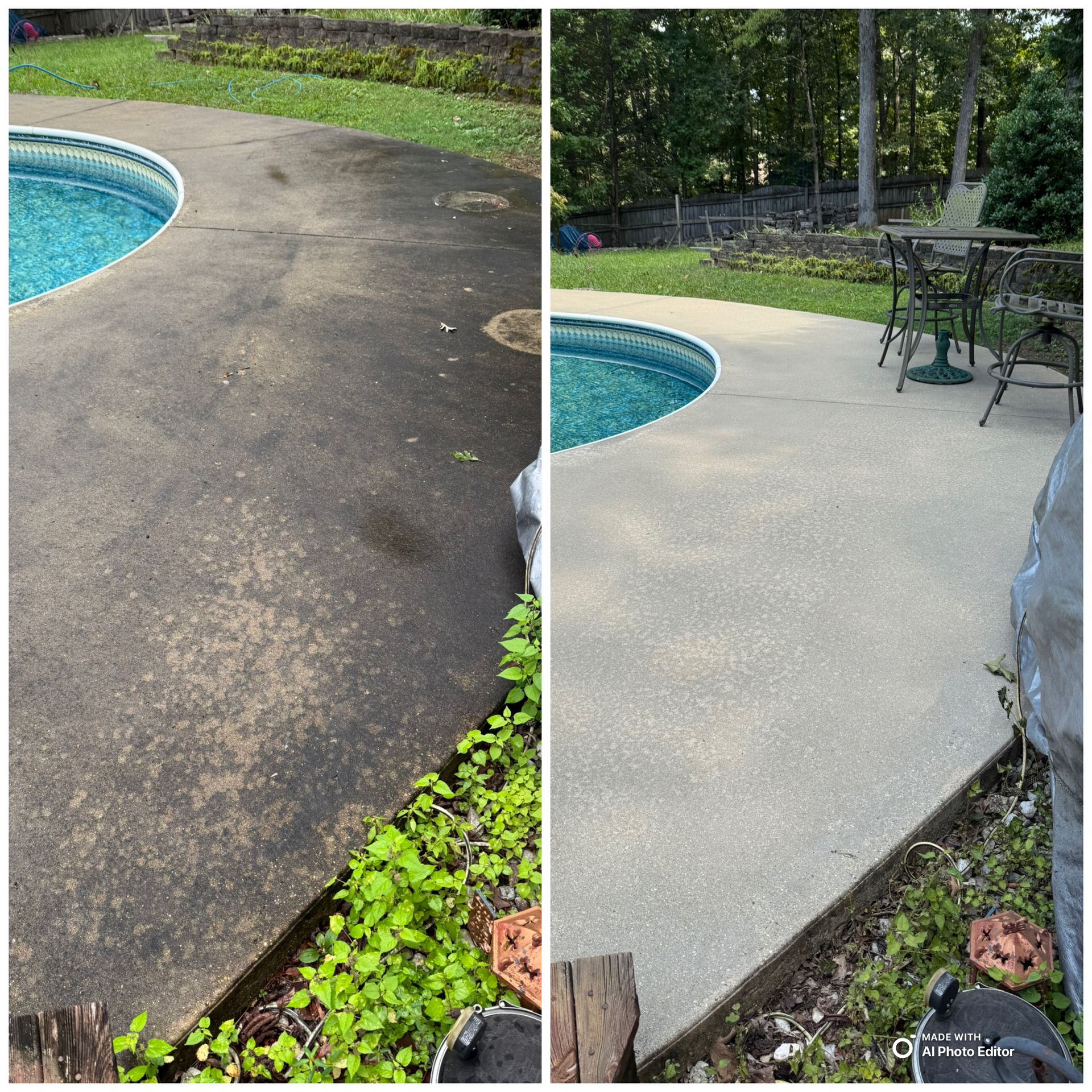 Before-and-after of a concrete pool patio cleaned; dark, stained vs. light and bright; green grass and foliage surround.