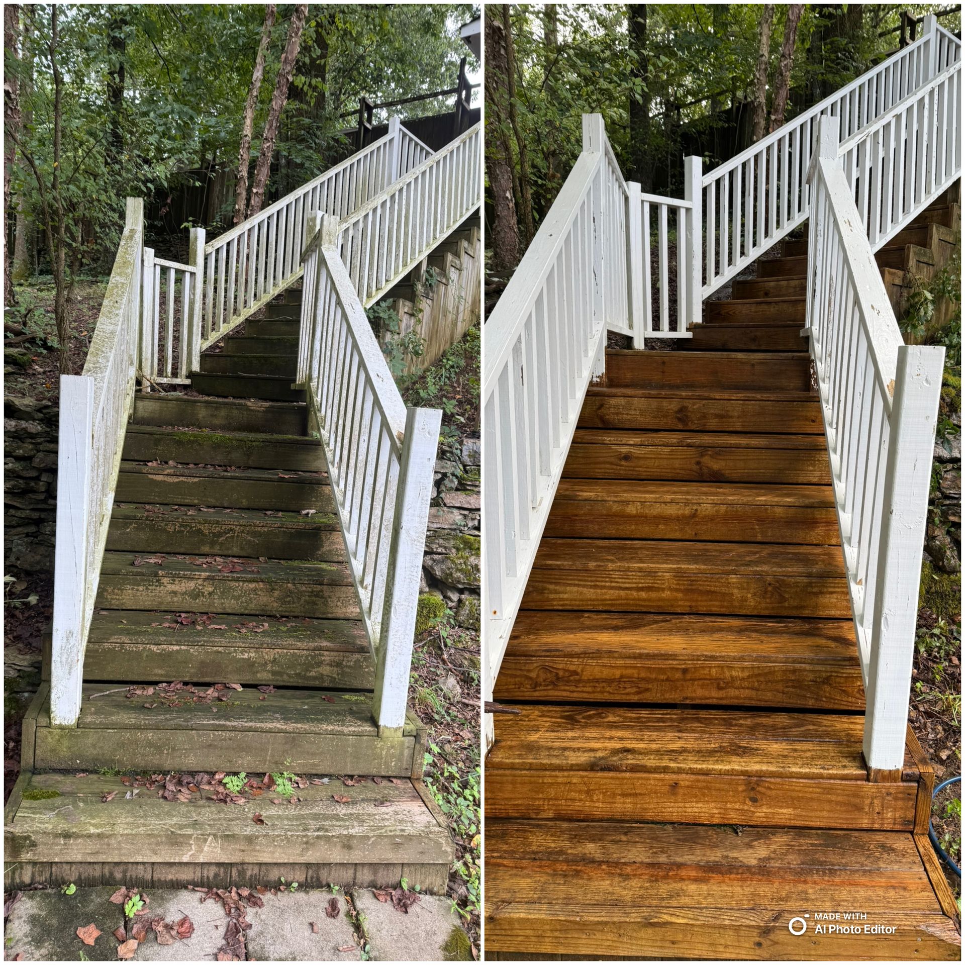 Before-and-after photo shows weathered wooden stairs being cleaned. The stairs and railings are white, and the stairs are dirty on the left and clean on the right.