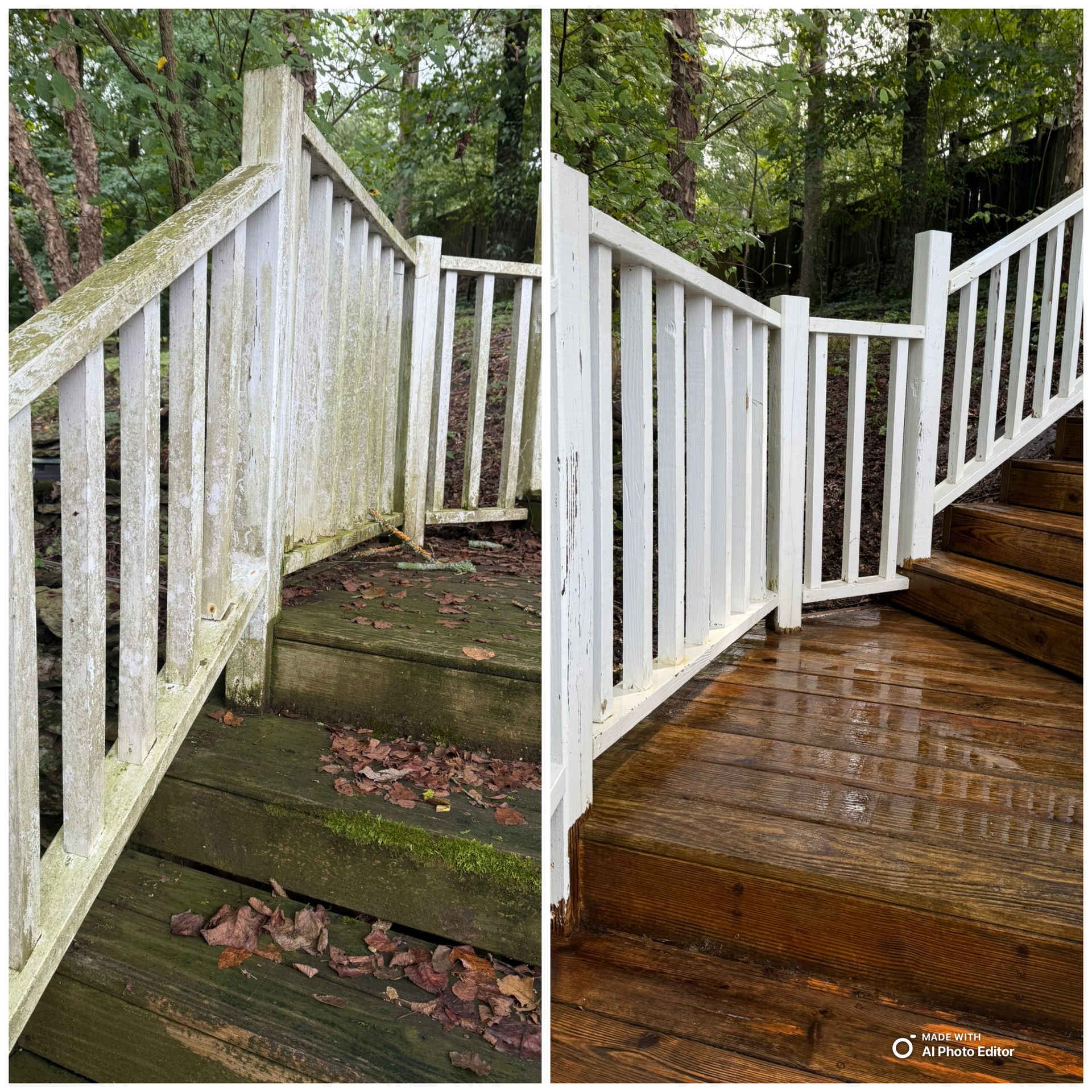 Before and after of a wooden staircase and railing, cleaned. The before shows mold and dirt, after, clean wood and paint.