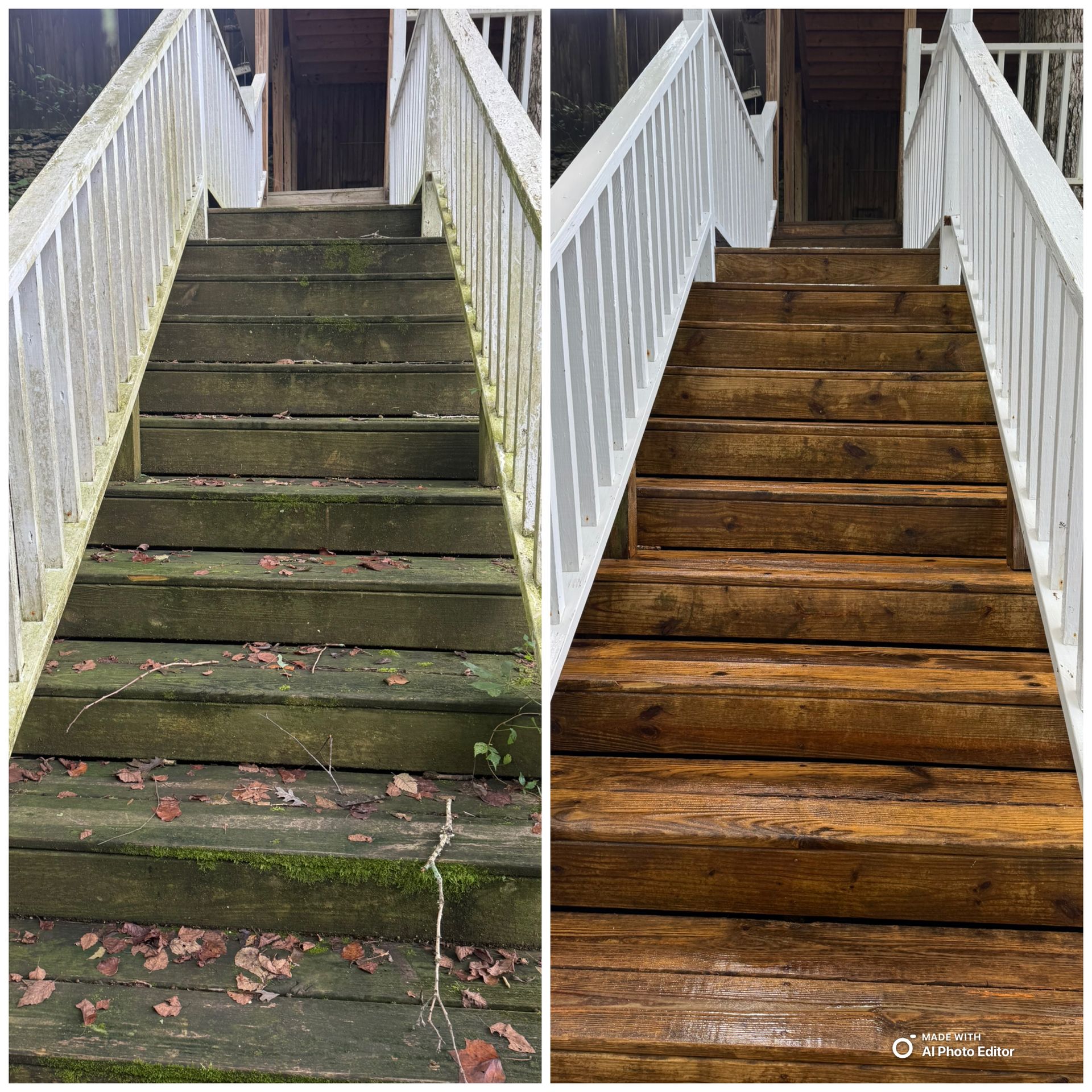 Before and after of wooden stairs, showing a contrast after cleaning.