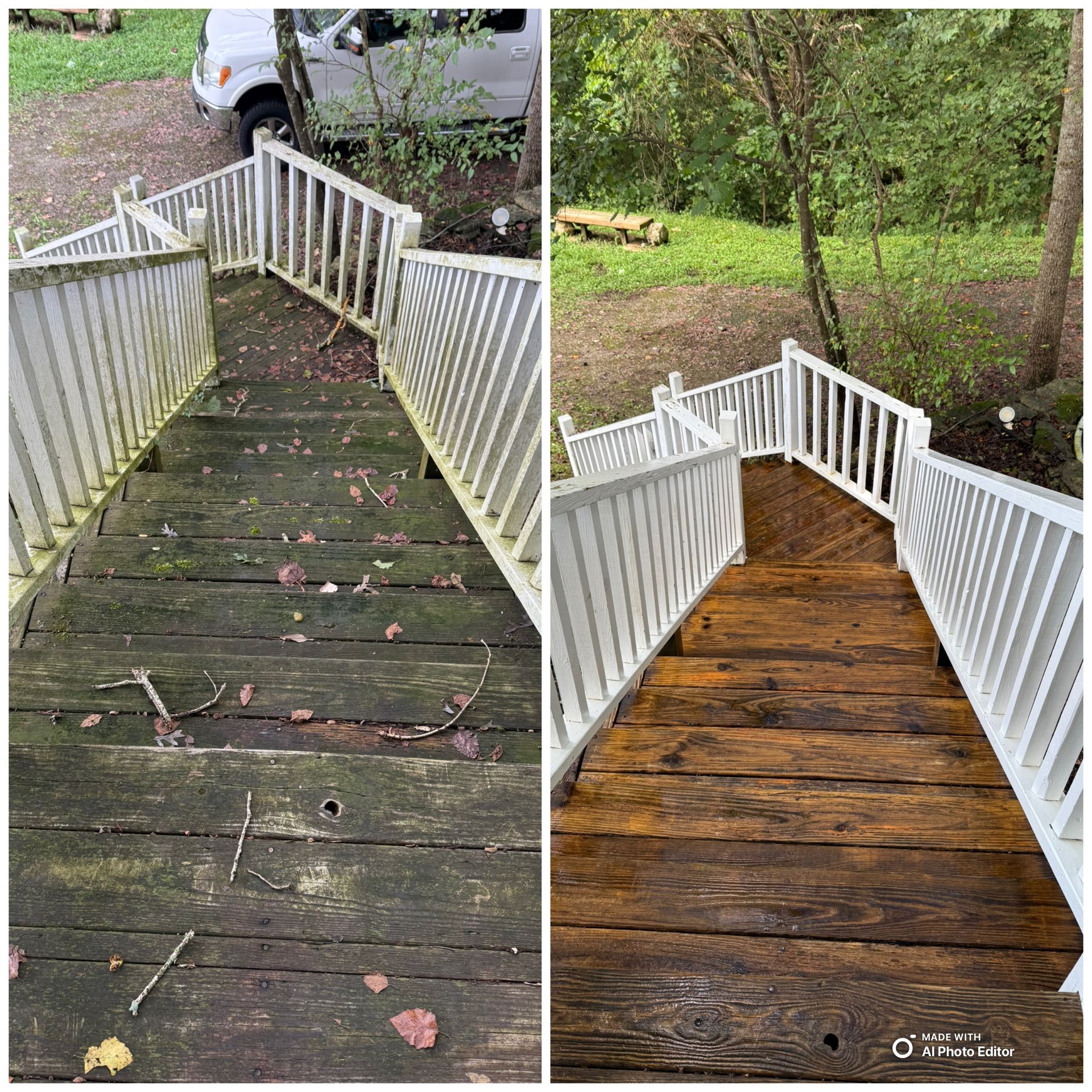 Before and after of wooden stairs with white railings, cleaned to reveal wood grain, outdoors.